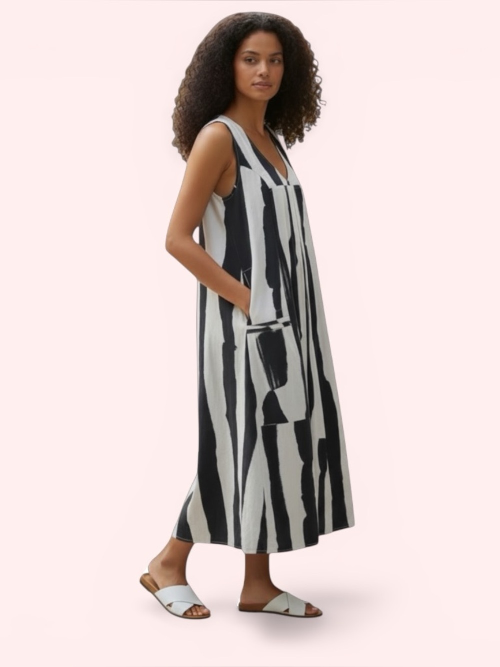 TULIP Boho Navy White Stripe Cotton Casual Dress Sleeveless V-Neck Pockets M/L